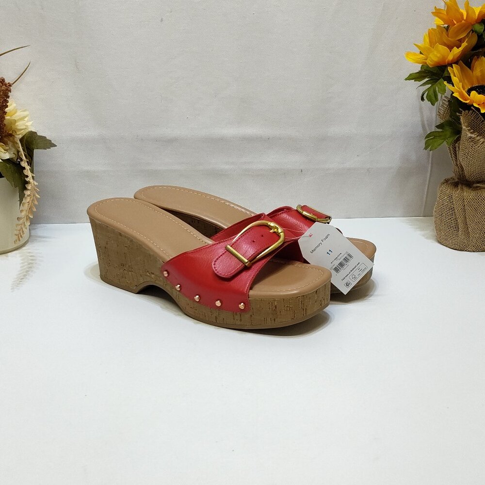 Time & Tru Buckle Cork Platform Sandals Studded Accent Memory Foam Size 11 NWT